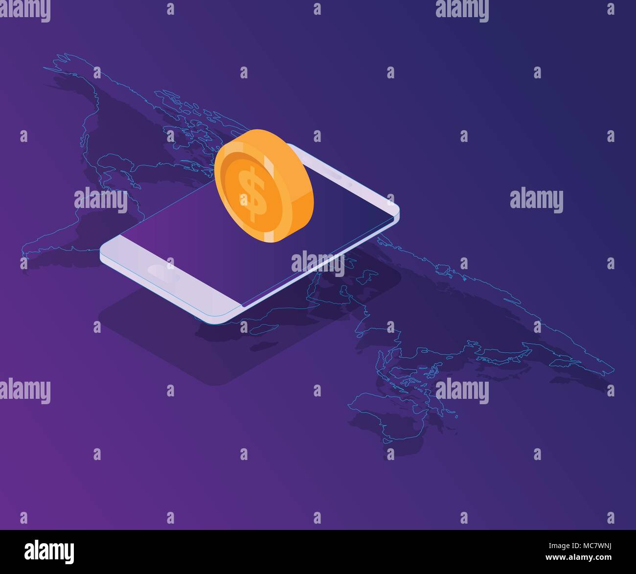 smartphone with money coin on world map, online payment concept vector isometric background Stock Vector