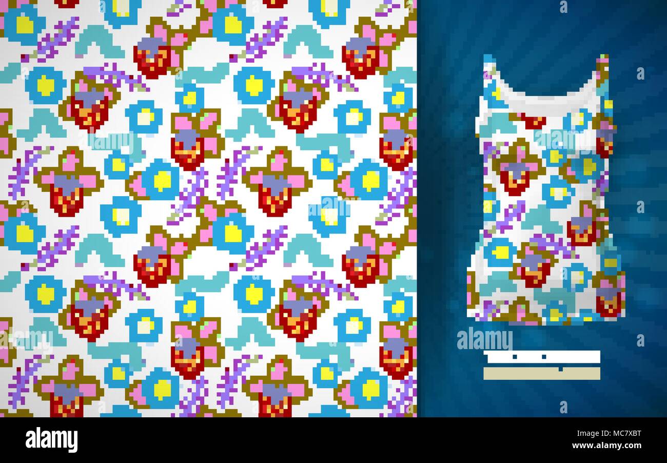 Seamless funny pattern with strawberry and worms. Hand draw vector illustration on white background. Singlet mock up with strawberry seamless pattern. Stock Vector