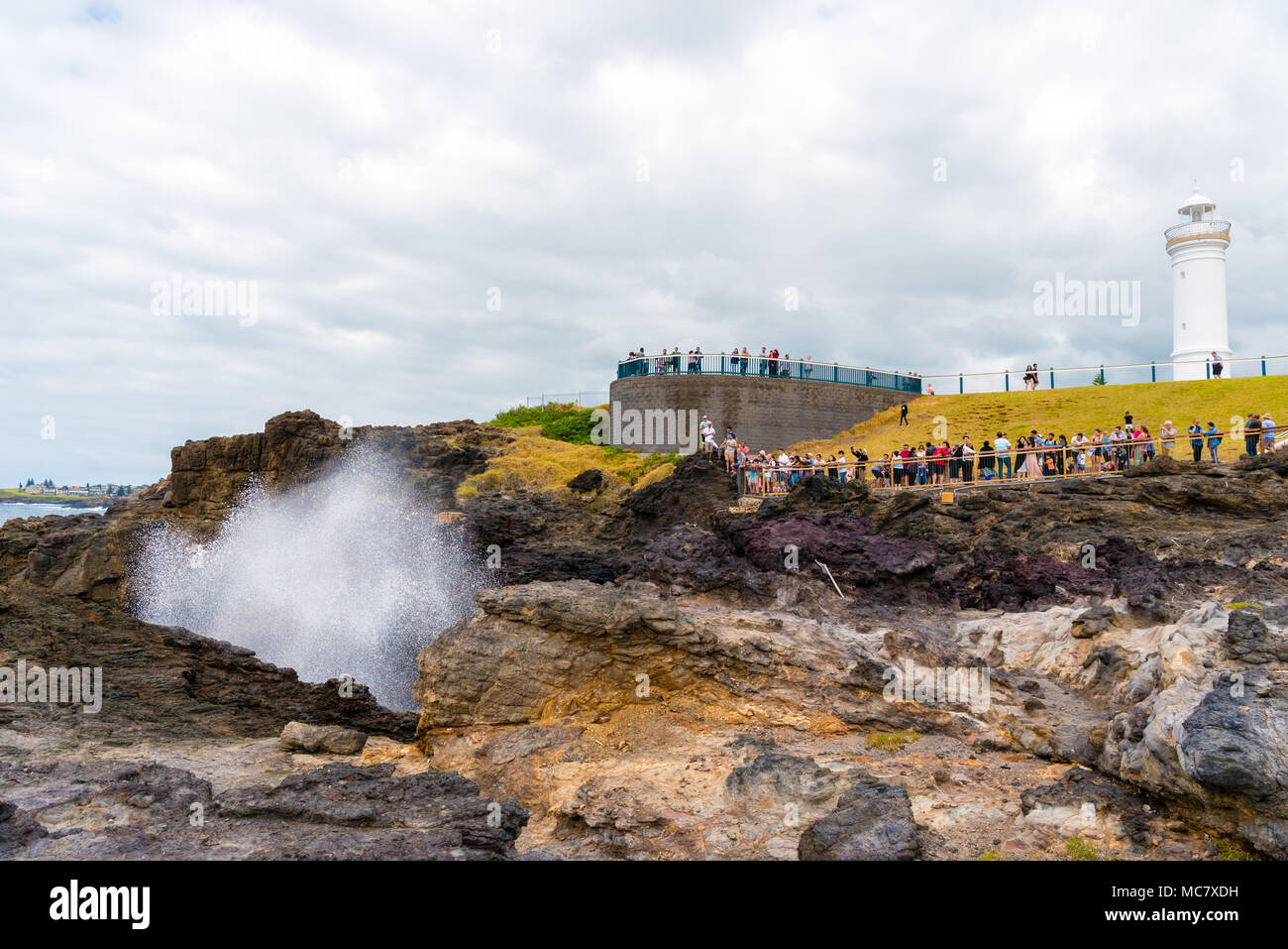 Kiama, NSW, Australia-March 31, 2018: View over the lighthouse and blowhole in Kiama, known for coastal walks, rainforest trails and pristine beaches  Stock Photo