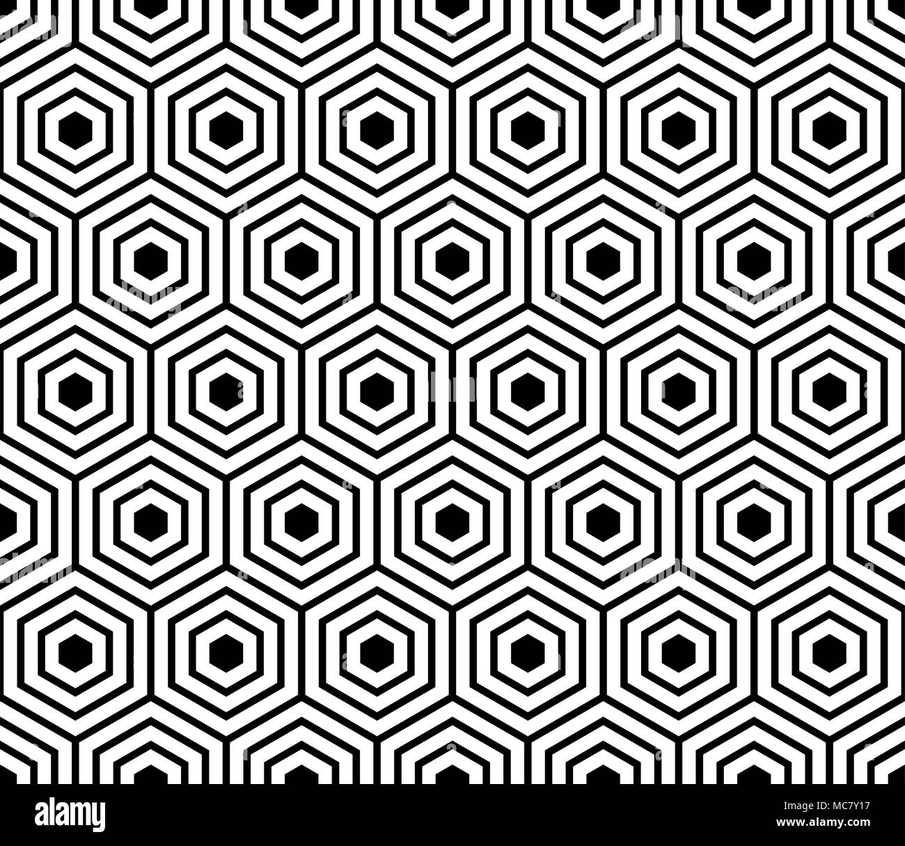 Seamless pattern with black white hexagons and striped lines Stock ...