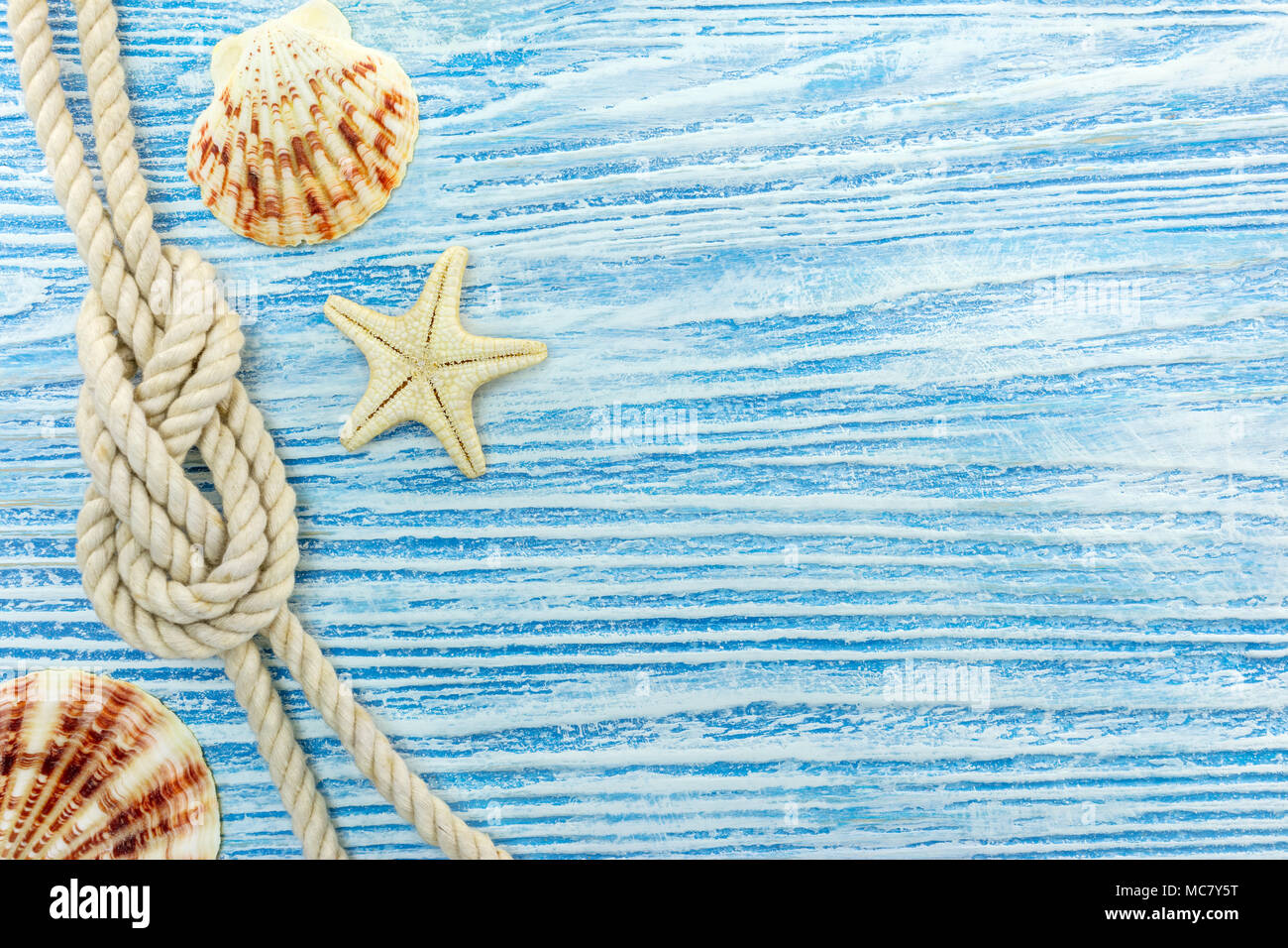 blue painted wooden boards with seashell, starfish and rope with marine knot. sea vacation background Stock Photo