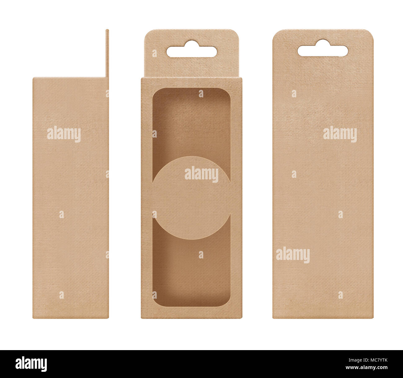 box, packaging, box brown for hanging cut out window shape open blank template for design product package Stock Photo