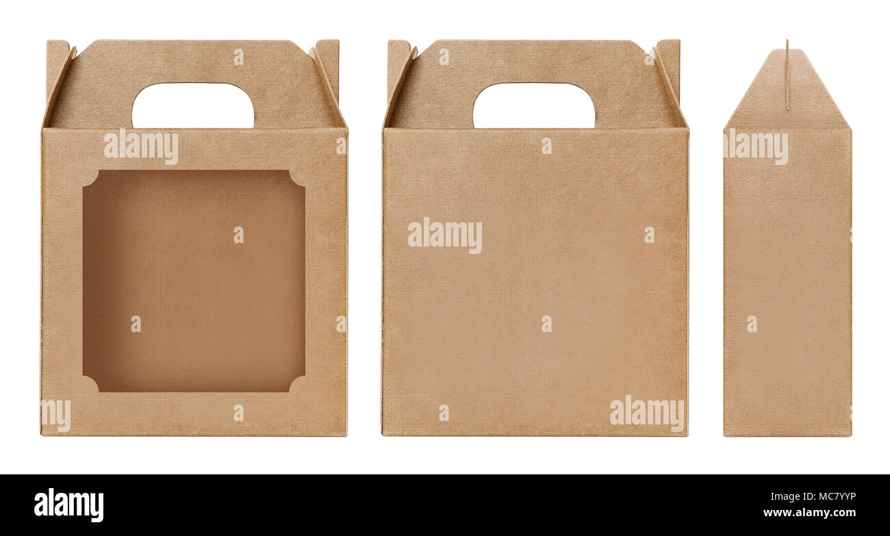 Box brown window shape cut out Packaging template, Empty kraft Box Cardboard isolated white