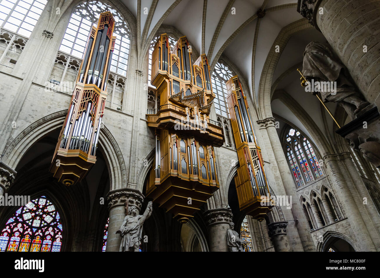 Pipe organ of Saint Michael Cathedral in Brussels. February 2018 Stock Photo