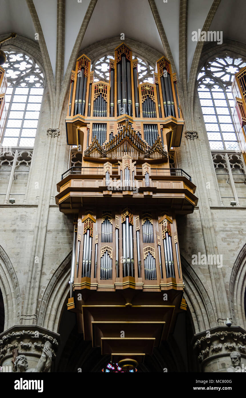 Pipe organ of Saint Michael Cathedral in Brussels. February 2018 Stock Photo
