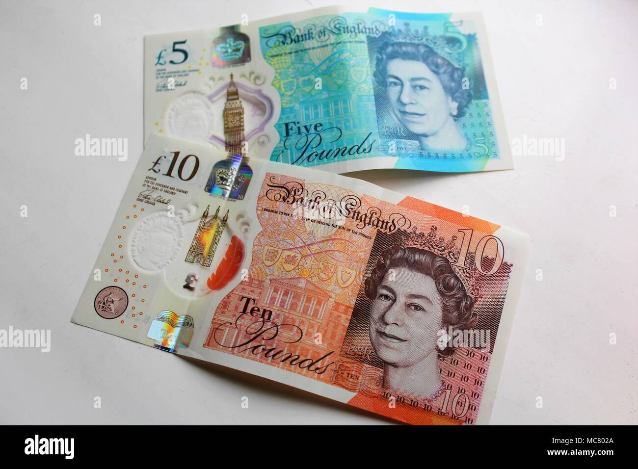 New Five and Ten Pound Bank of England Polymer Plastic Notes Stock Photo