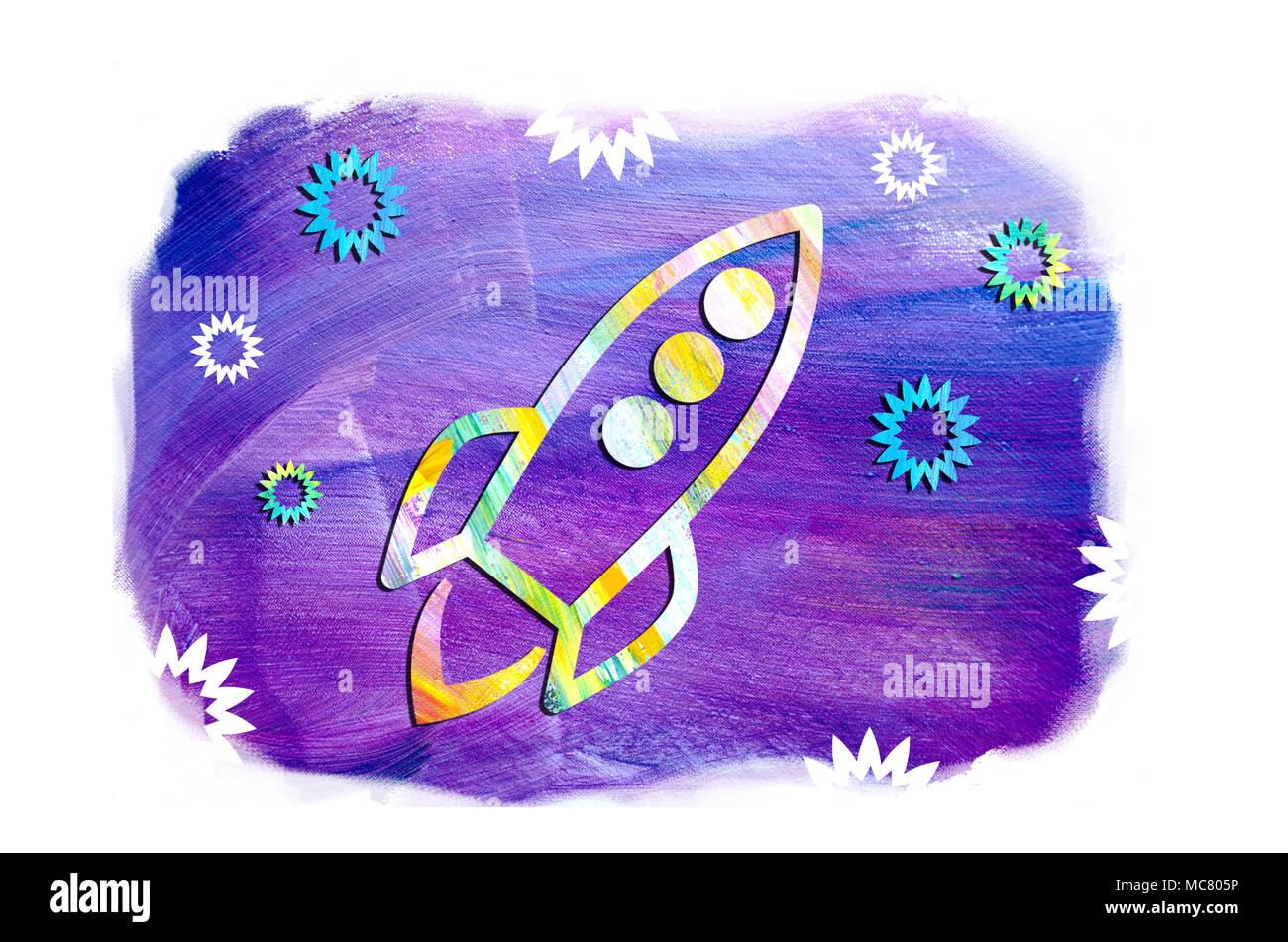 Illustration of a rocket ship in space against the background of stars ...
