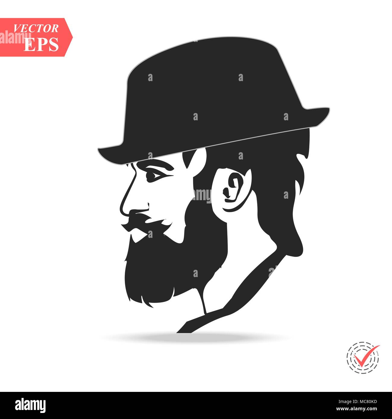 Vector portrait of serious bearded man wearing hat looking away. eps ...
