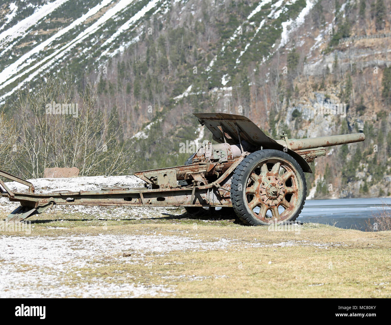Tarvisio, UD, Italy - April 1, 2018: Old Cannon of first wolrd war Stock Photo
