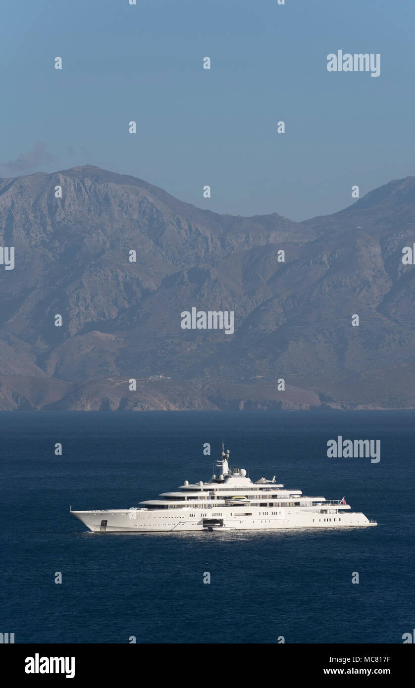 The super yacht  Eclipse at anchor on the Gulf of Mirabello off the Cretan town of Agios Nikolaos, Crete, Greece, 2017 Stock Photo