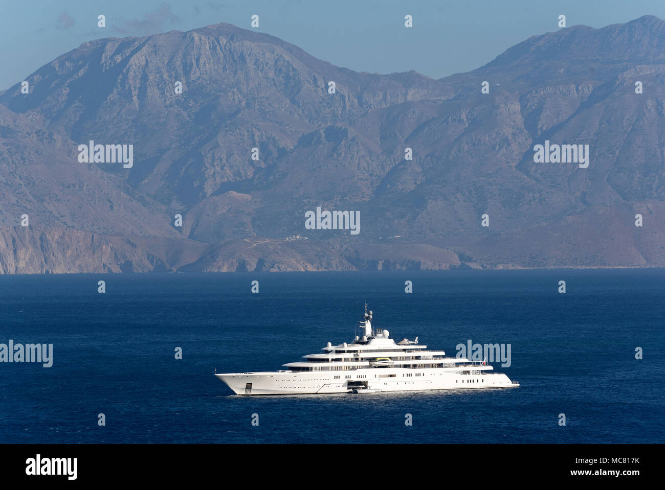The super yacht  Eclipse at anchor on the Gulf of Mirabello off the Cretan town of Agios Nikolaos, Crete, Greece, 2017 Stock Photo