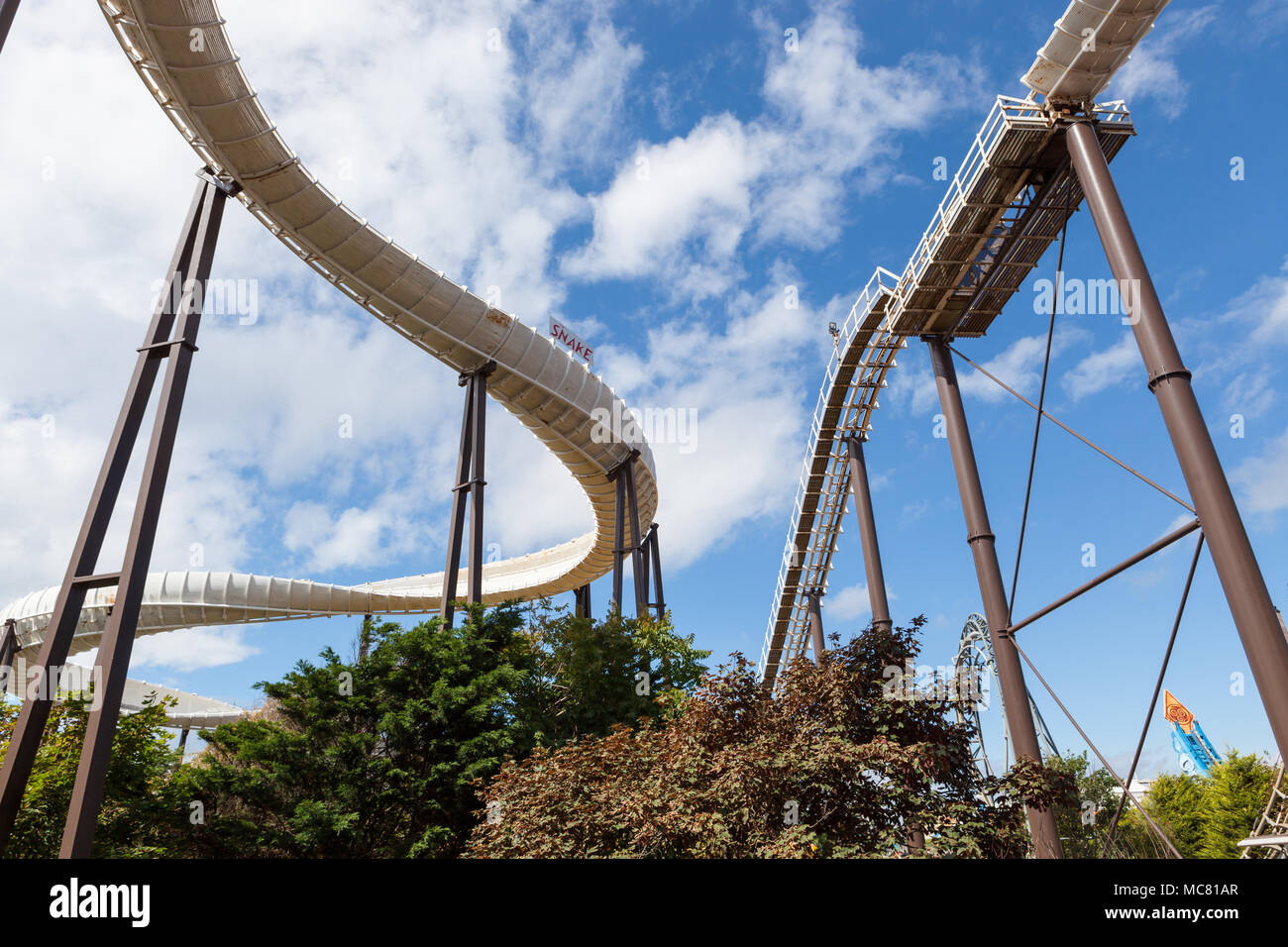 Underneath the Avalanche, a roller coaster, at Blackpool Pleasure Beach, UK. Stock Photo