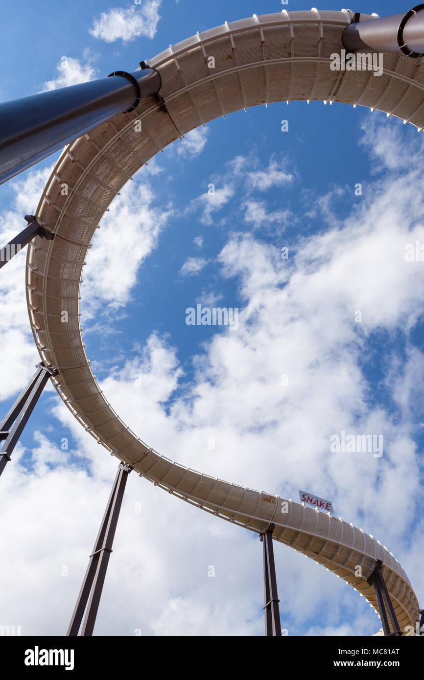 Underneath the Avalanche, a roller coaster, at Blackpool Pleasure Beach, UK. Stock Photo