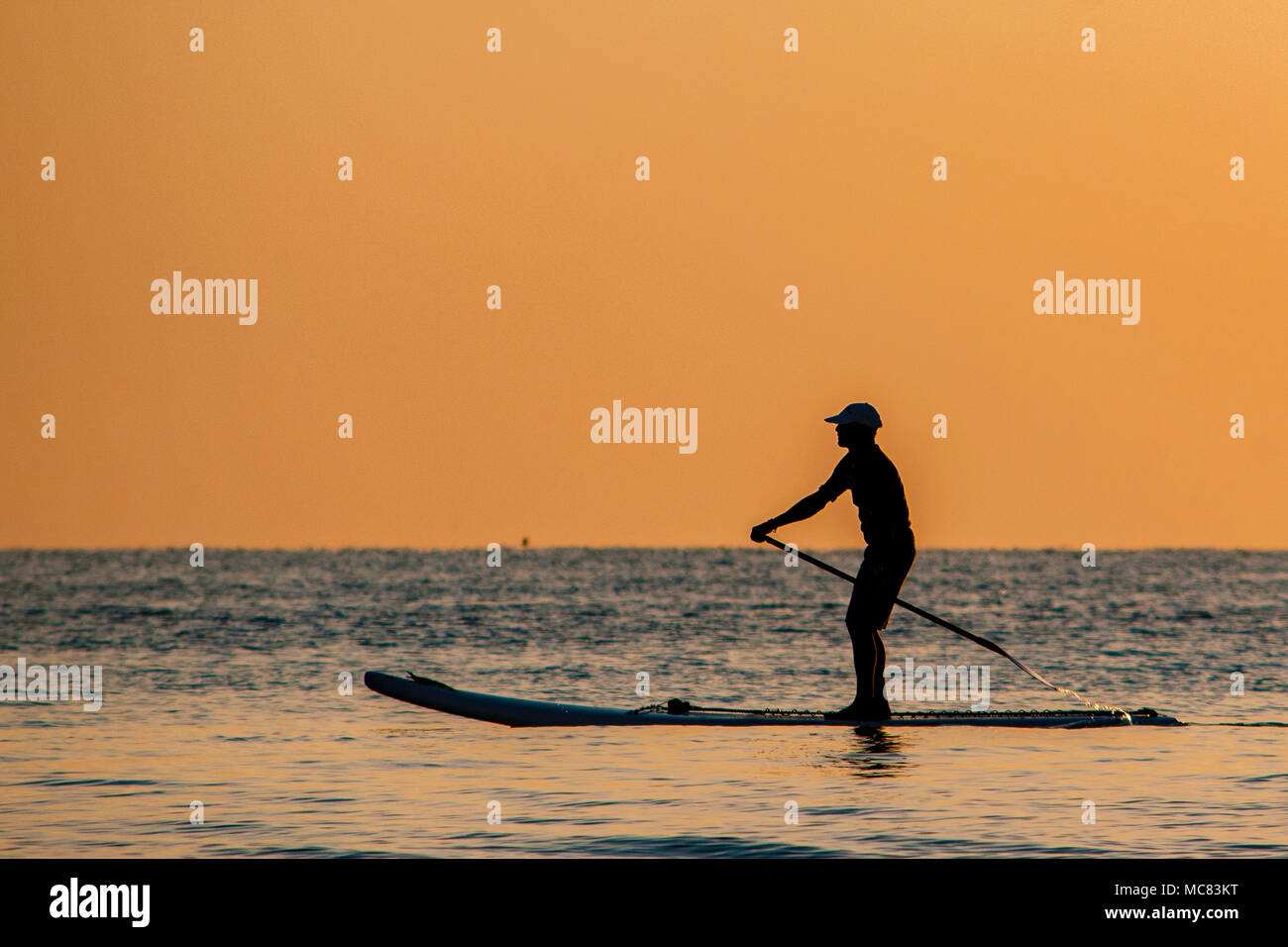 A stand up paddle boarder is silhouetted against the colorful early morning sunrise over Hollywood beach, Florida Stock Photo