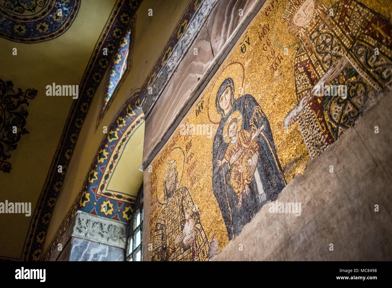 The Comnenus mosaic, Virgin Mary with Jesus, Emperor John II Comnenus and Empress Irene, Hagia Sophia, Istanbul, Turkey Stock Photo