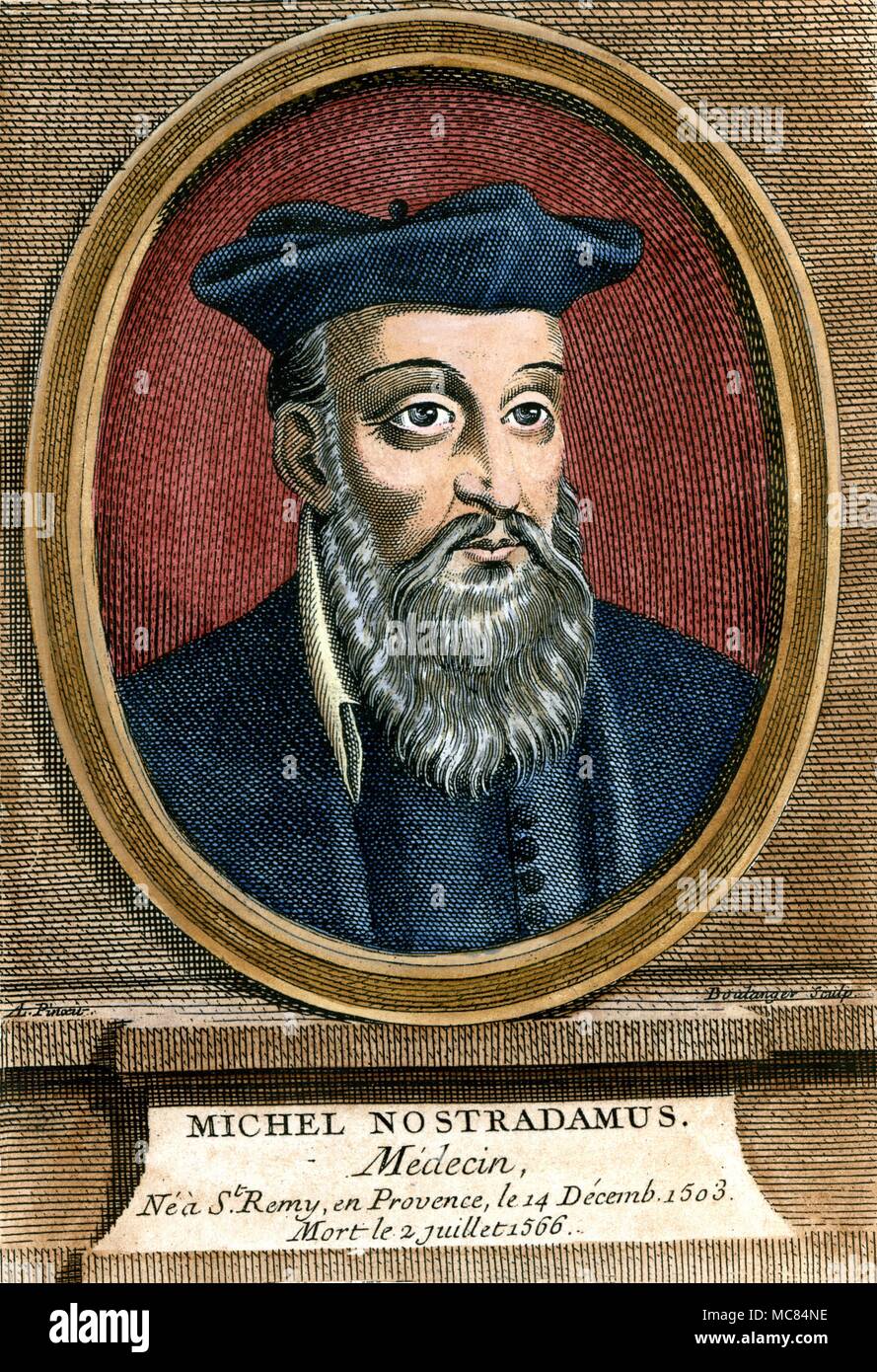 Hand-coloured engraved portrait of Nostradamus: from Anatole le Pelletier, Les Oracles de Michel de Nostredame, dit Nostradamus (1867). Stock Photo