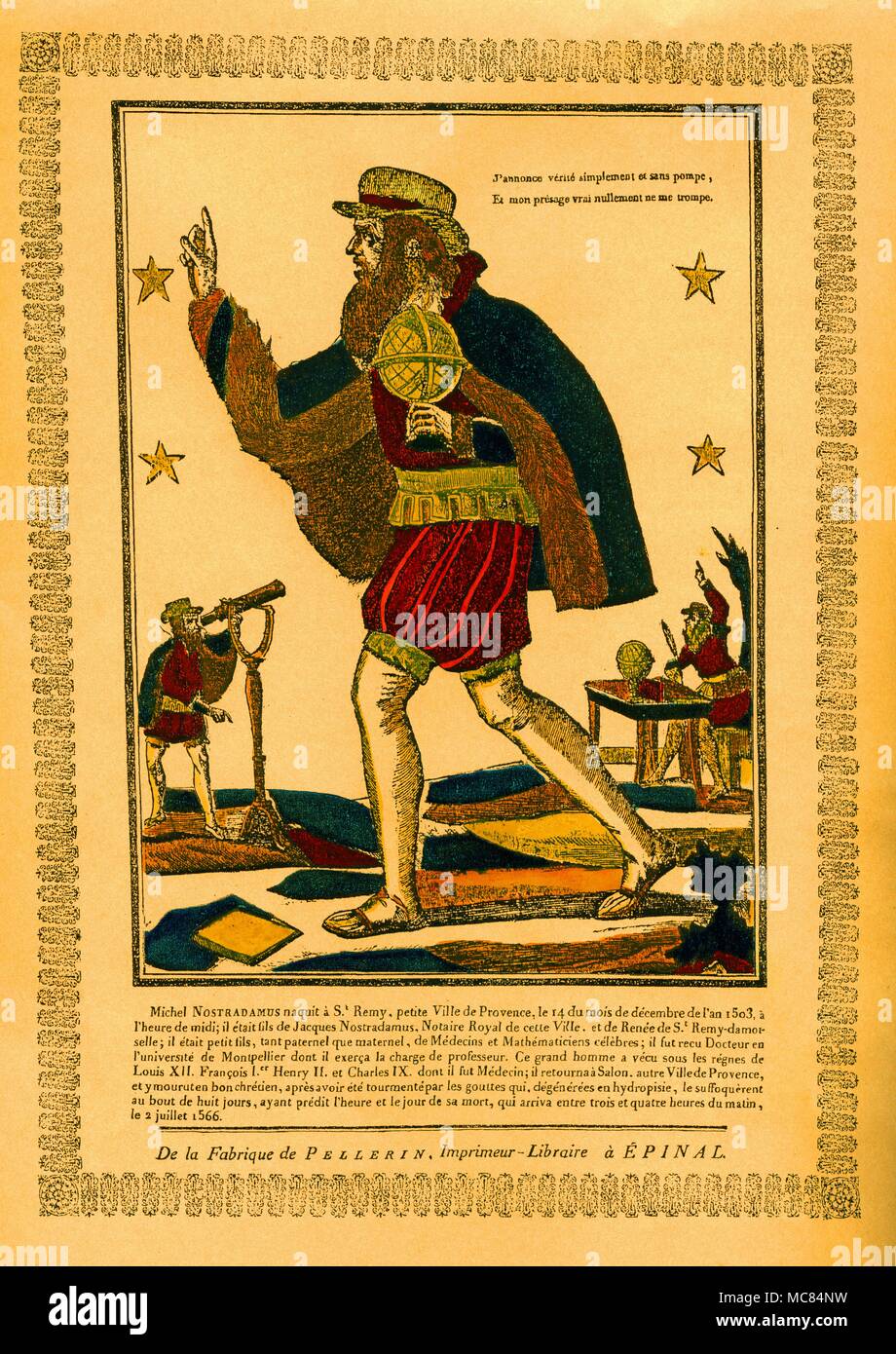Epinal print of cica 1820, portraying Nostradamus as a wandering scholar/wandering Jew. Stock Photo