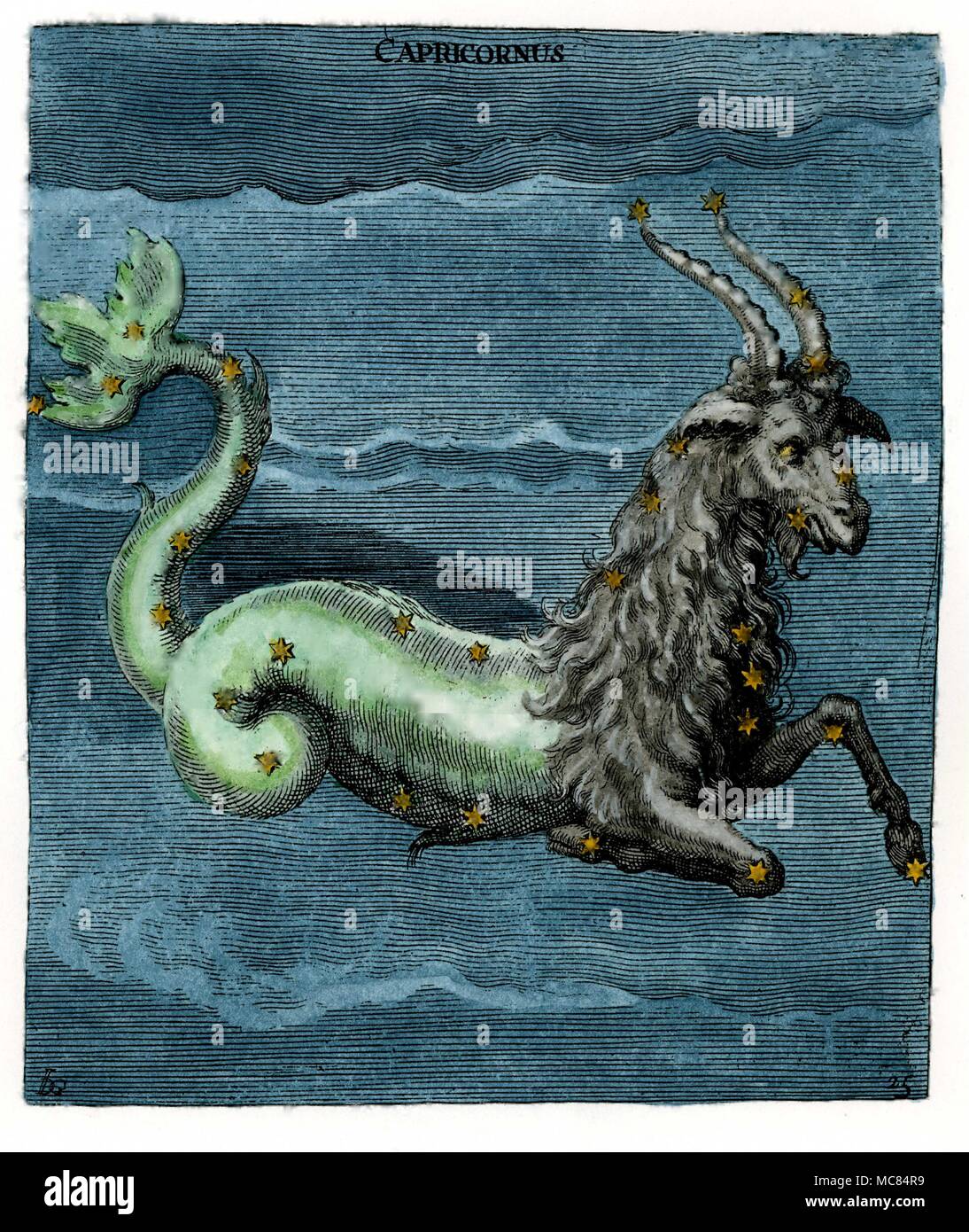 Capricornus, the goat-fish, from a seventeenth century hand-coloured engraving, itself based on an illumination in the 9th centry Aratus manuscript in Leiden. Aratus was born about 315 BC in Sosli, and wrote his 'Phaenomena' for the ruler of Macedonia. Stock Photo