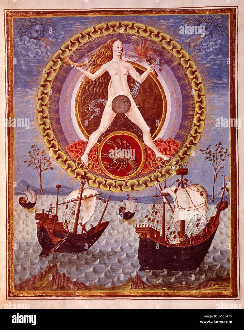 The Moon and her children, with the sign Cancer over which she has rule. From a copy of the illumination in the fifteenth century 'Sphaera' in the Bib. Estense, Modena. Stock Photo