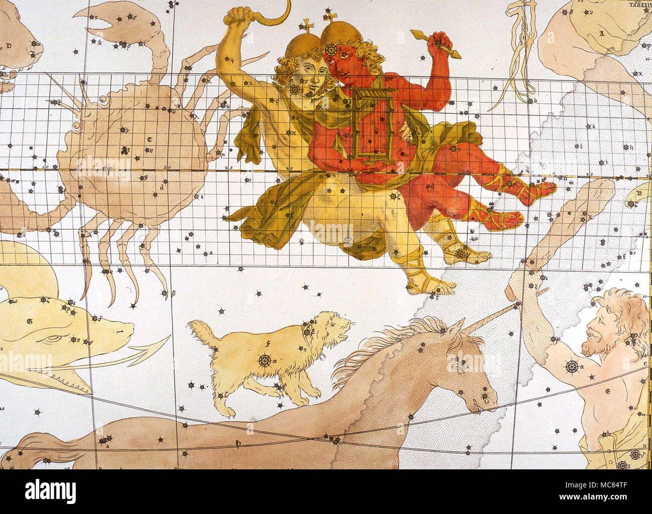 The image of Gemini the twins, in the form of Castor and Pollux, on a star map of the 18th century [English]. Stock Photo