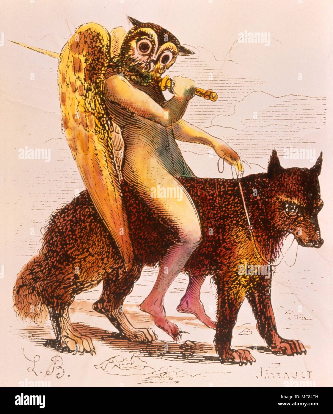 Image of the demon Andras, riding his wolf and carrying his sword. He is one of the 72 spirits of Solomon. After the 1863 edition of Collin de Plancy's 'Dictionnaire Infernal.' Stock Photo