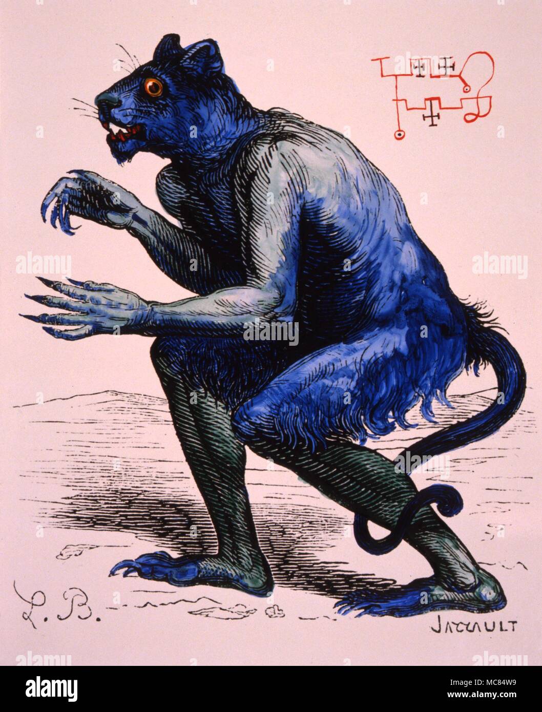The demon Flauros, leopard-headed monster, conjured for his knowledge of the future. Behind his back is his traditional sigil, or demonic signature. From Collin de Plancy, 'Dictionnaire Infernal' [1863]. Stock Photo