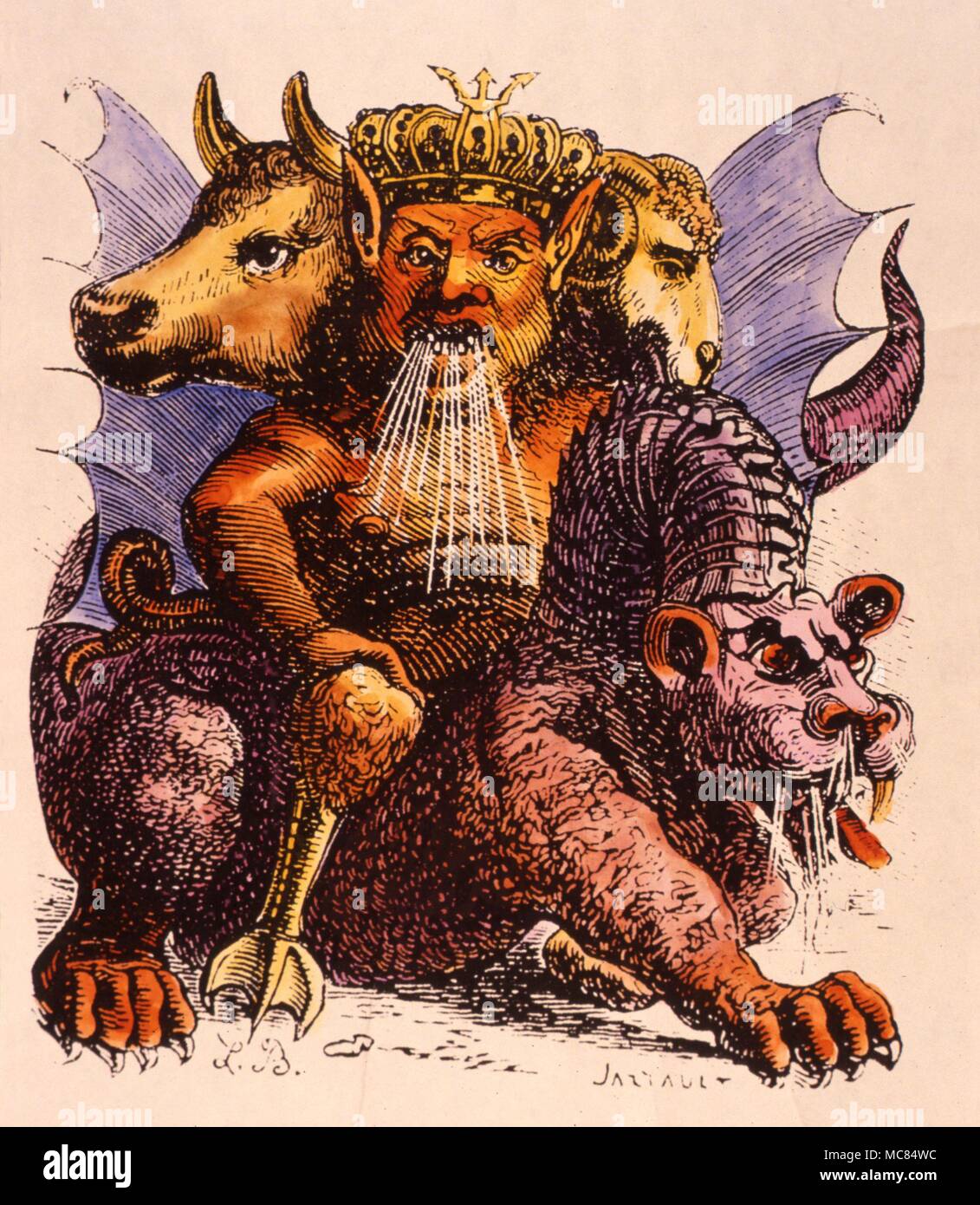 The triple-headed demon Asmodeus, riding a monster: this is the form in which he is traditionally believed to appear at conjuration. From Collin de Plancy, 'Dictionnaire Infernal' [1863]. Stock Photo