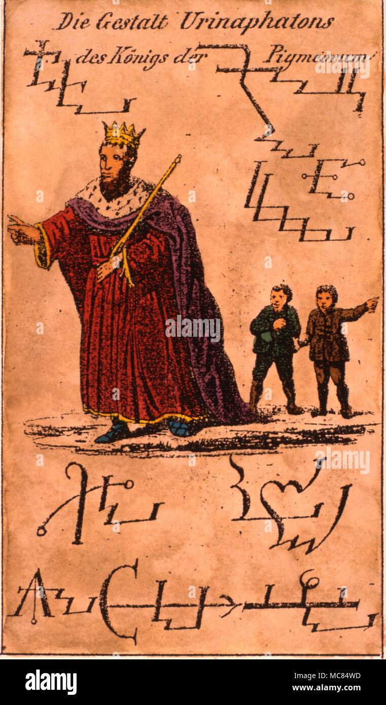 The demon Urinaphaton in his manifestation as a king of the pygmies, with his several sigils. Lithograpah from Schiebel's 'Faustbuch' of c. 1860. Stock Photo