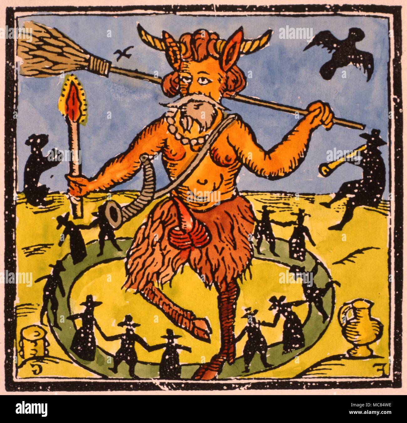 a pan like devil dancing with other dimunitive demons and their minion witches to the sound of pipe music the demon carries a candle horn and broomstick the latter probably symbolic of is power https www alamy com a pan like devil dancing with other dimunitive demons and their minion witches to the sound of pipe music the demon carries a candle horn and broomstick the latter probably symbolic of is power to transvect 17th century print image179659018 html