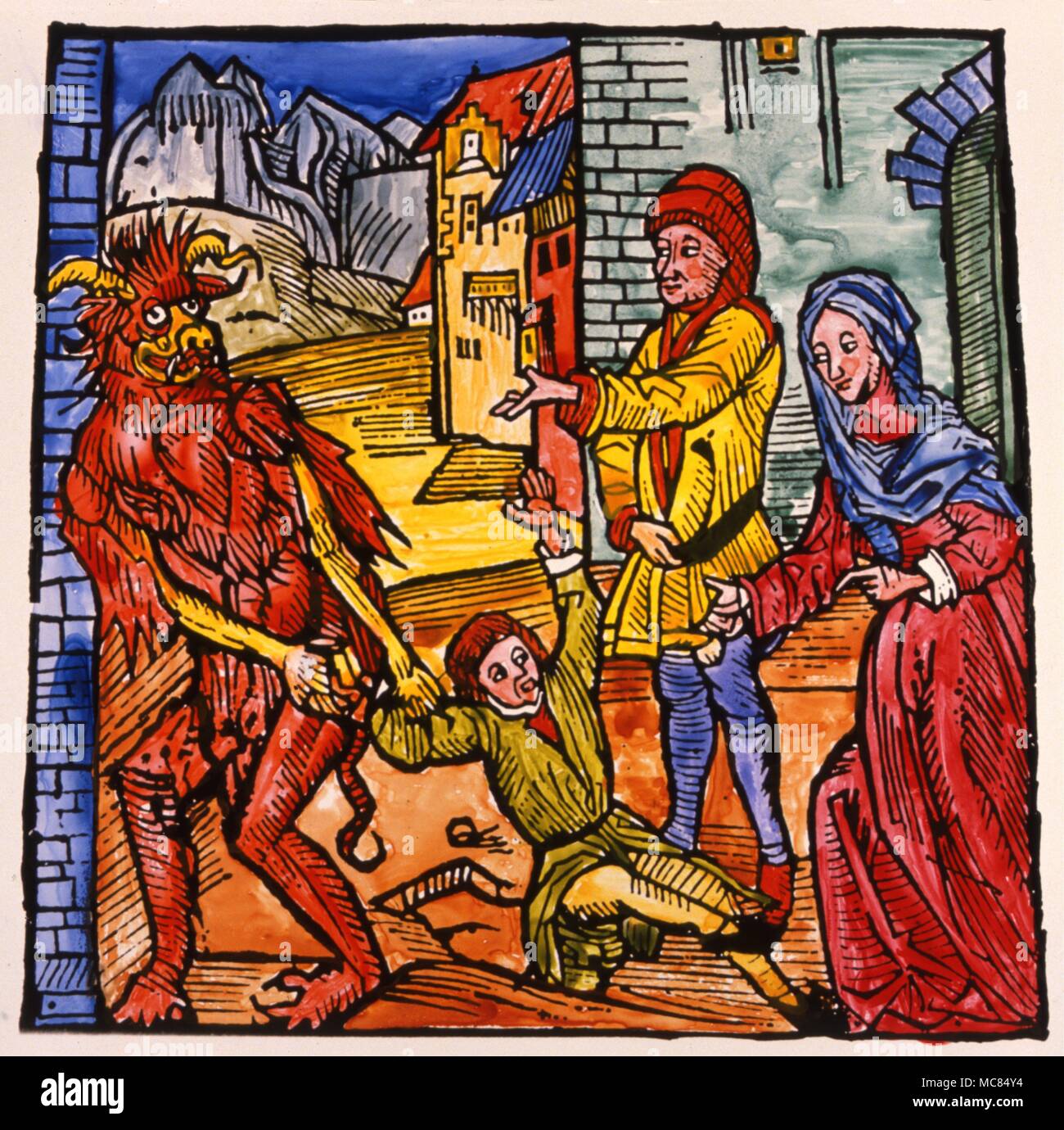 Woodcut attributed to Albrecht Durer, depicting parents selling their son to the Devil. Circa 1505. Stock Photo