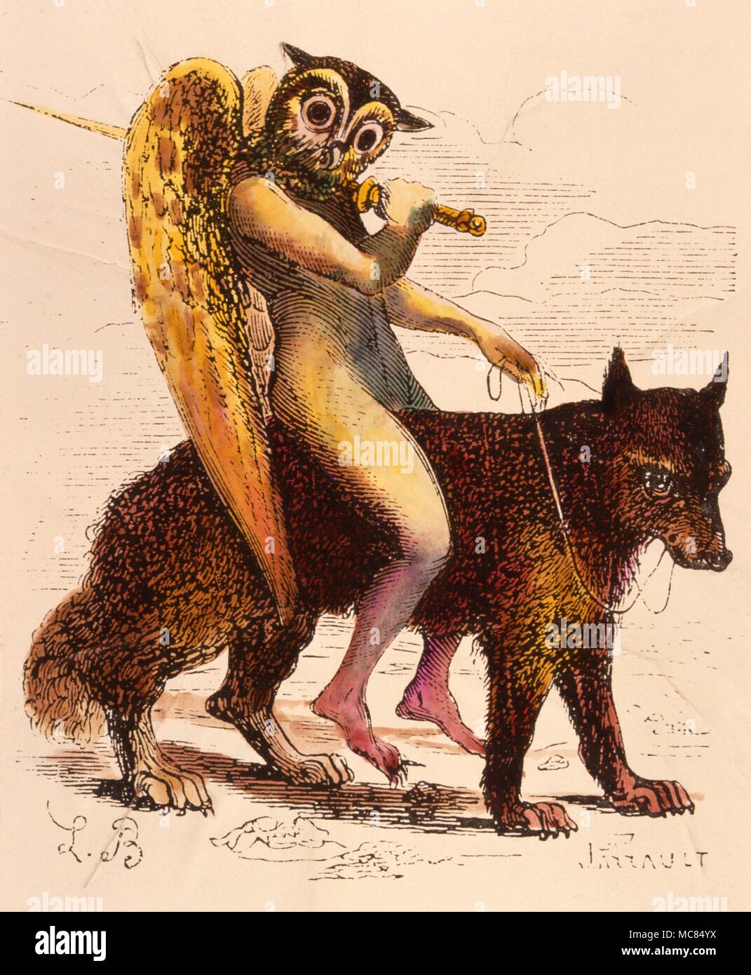 The demon Andras, riding his wolf, and carrying the sword with which he usually appears. He is one of the 72 spirits of Solomon. After a print from Collin de Plancy, 'Dictionnaire Infernal', 1863. Stock Photo