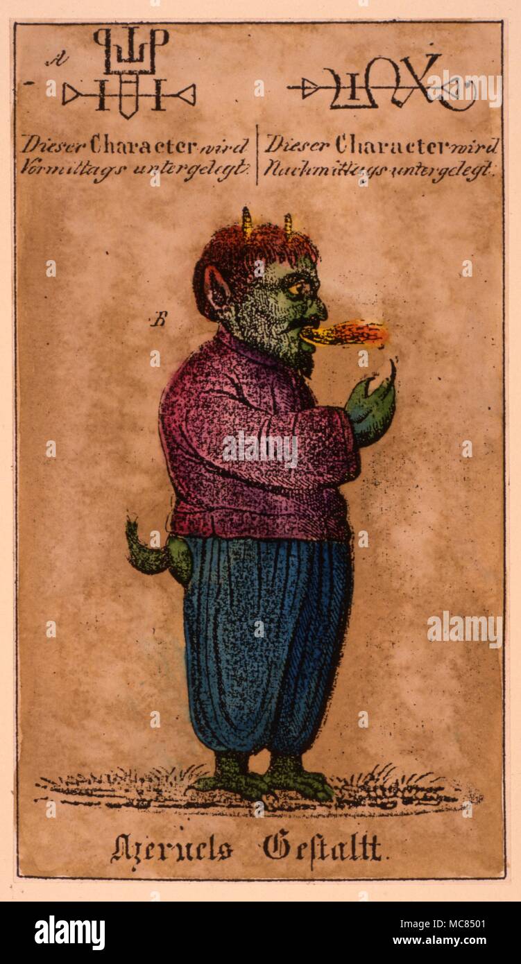 The demon Azuerel, with two of his sigils. A hand-coloured lithograph from Schnabel's 'Faustbuch' of 1860. Stock Photo