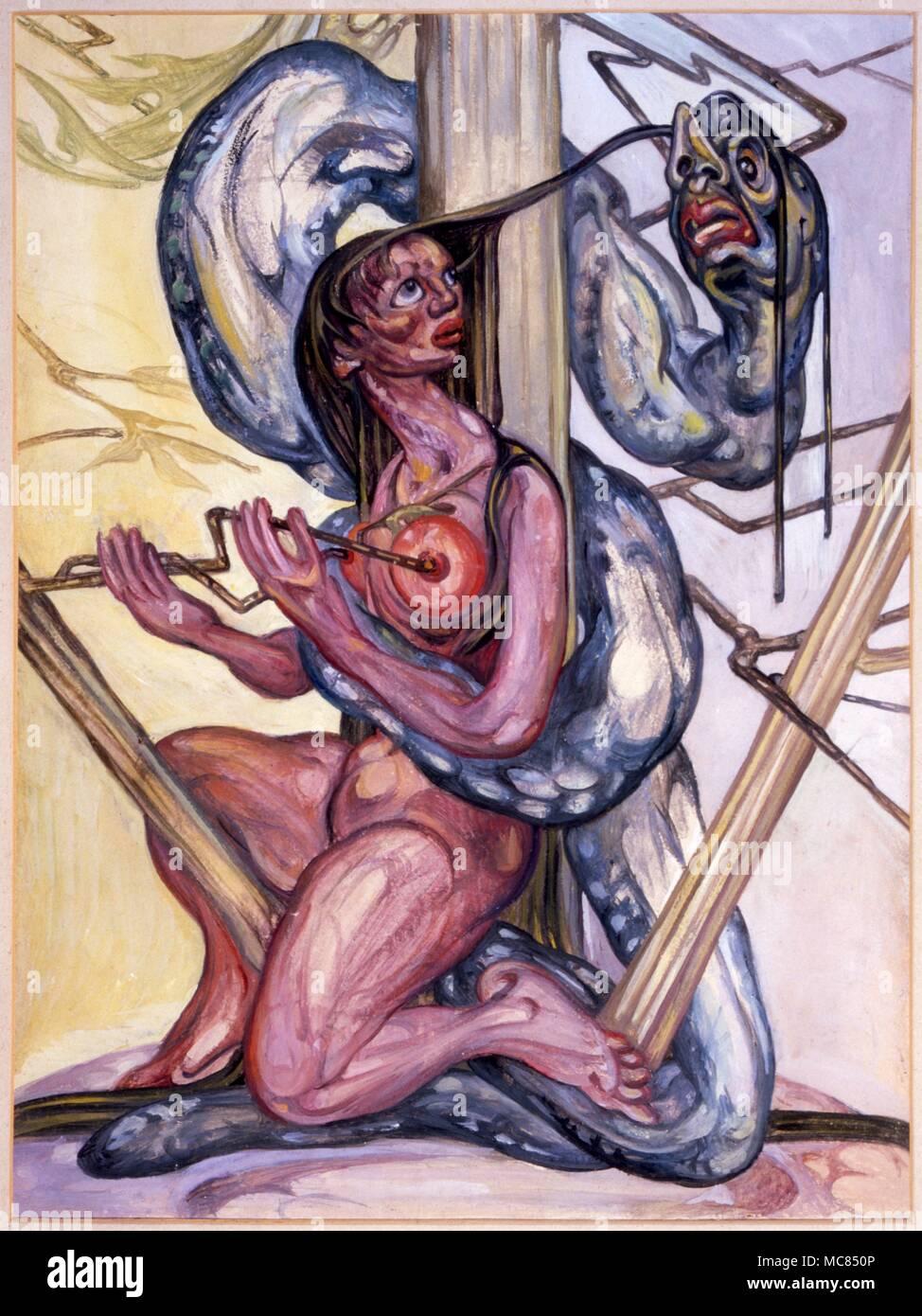 Eve with the tempting serpent - painting by Fay Pomerance, 'Persuasion in Eden', 1950. Stock Photo