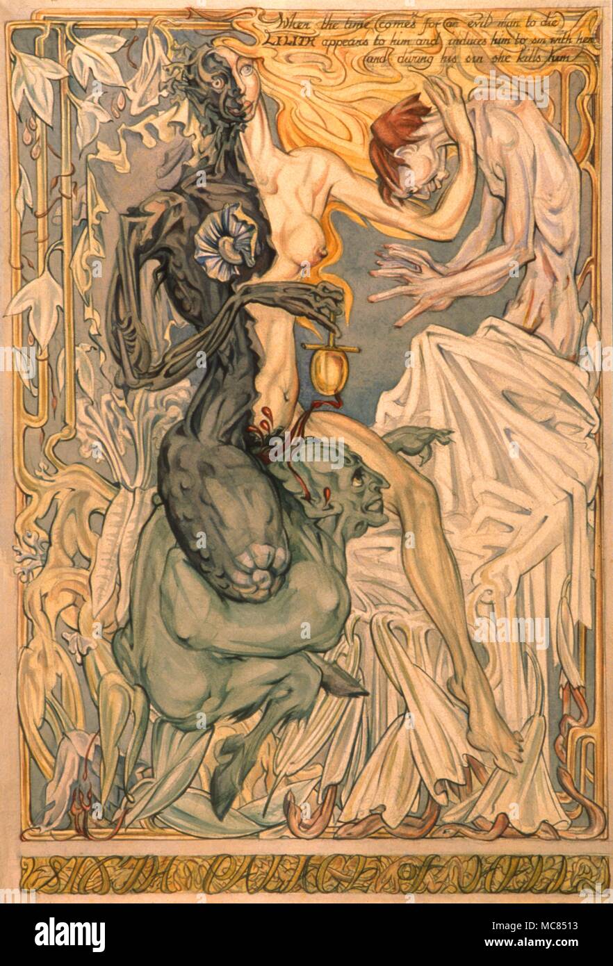 Watercolour painting by Fay Pomerance depicting the demon Lilith with Samael [upon whom she is seated]. The painting is entitled, 'The Sixth Palace of Hell', and relates to the death-bed experience of the evil man. Stock Photo
