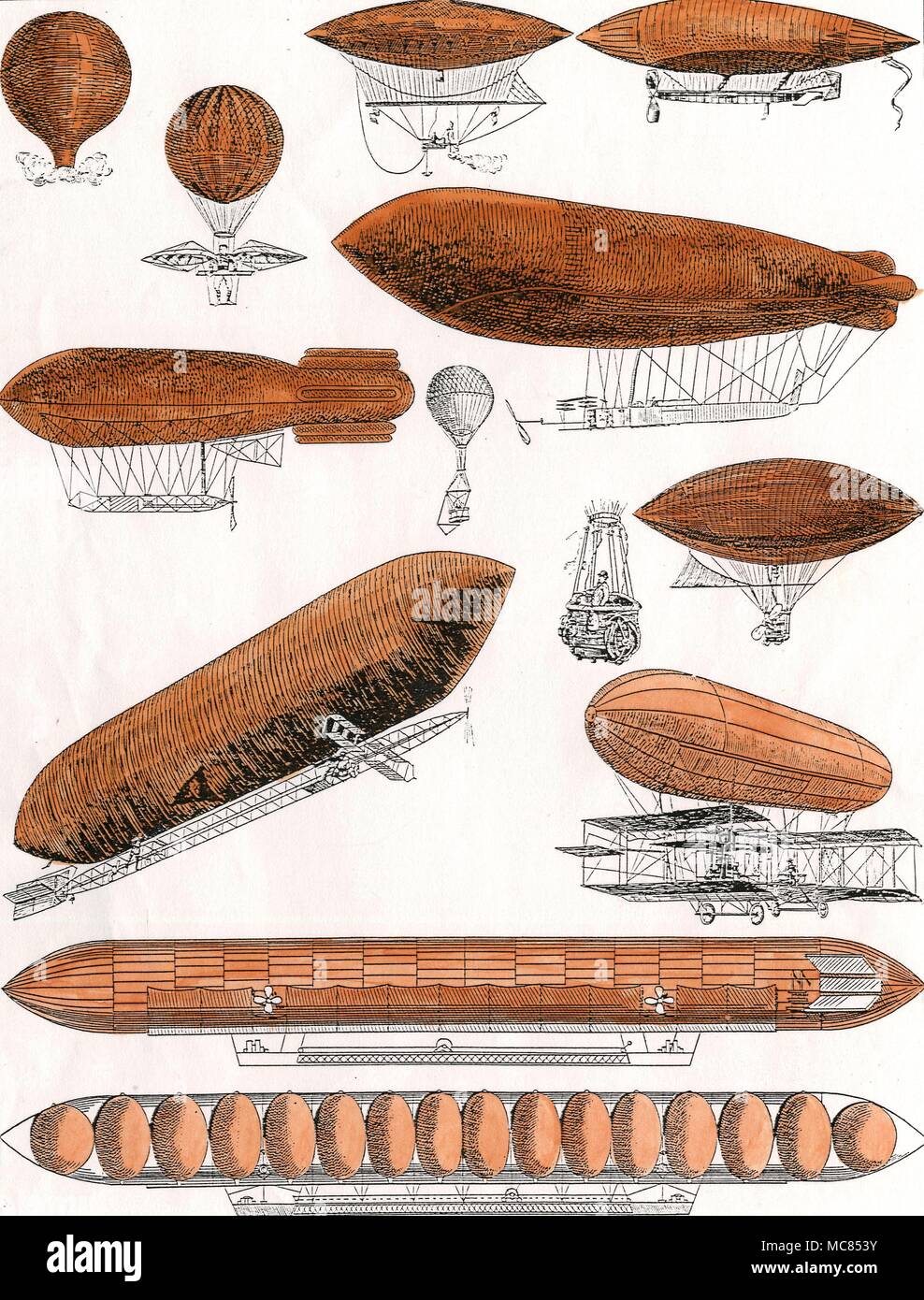 Flying machines Twelve balloons in history, from the Montgolfier of 1783, to the Zeppelin airship of 1900 Stock Photo
