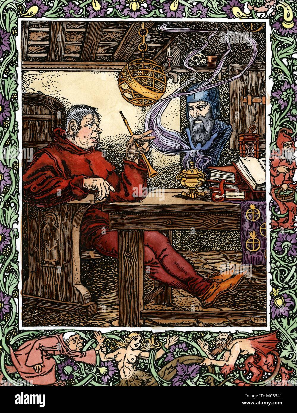 Magicians Bungay and the speaking Brazen Head The servant of Friar Bungay, Miles, contemplating the brazen head, shortly before it begins to speak its riddles. Plate from The Famous Historie of Fryer Bacon (c.1905) Stock Photo