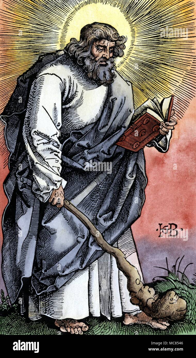 Christianity and Saints - Jude Saint Jude, or Judas Thaddaeus, from a series of prints illustrating the Twelve Disciples, hand coloured German Woodcut 1519 Stock Photo