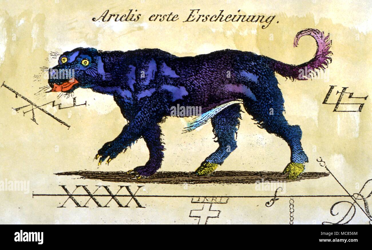 Demons Arielis Appearance, in the form of a black dog, of the demon Arielis, along with various demonic sigils. From the late grimoire text, Doctor Fausts Bucherschatz 1851 Stock Photo