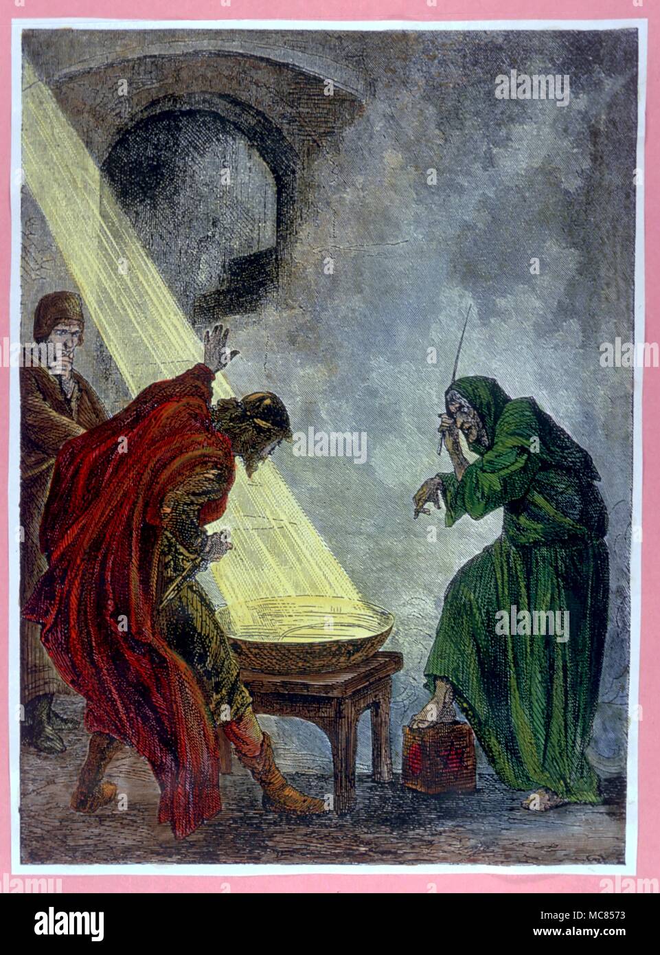 Divination Old woman, probably a witch, divining the future from light cast on a bowl of liquid loose 19th century woodcut Stock Photo