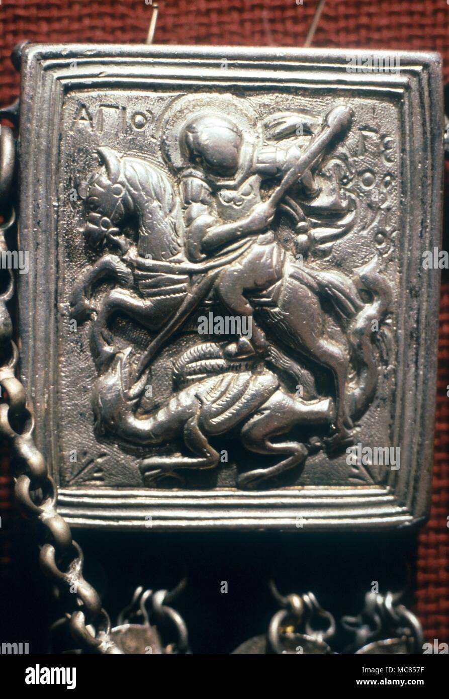 Greek amulet case, 19th century, with image of St George and the Dragon. From the Folk Museum Athens Stock Photo