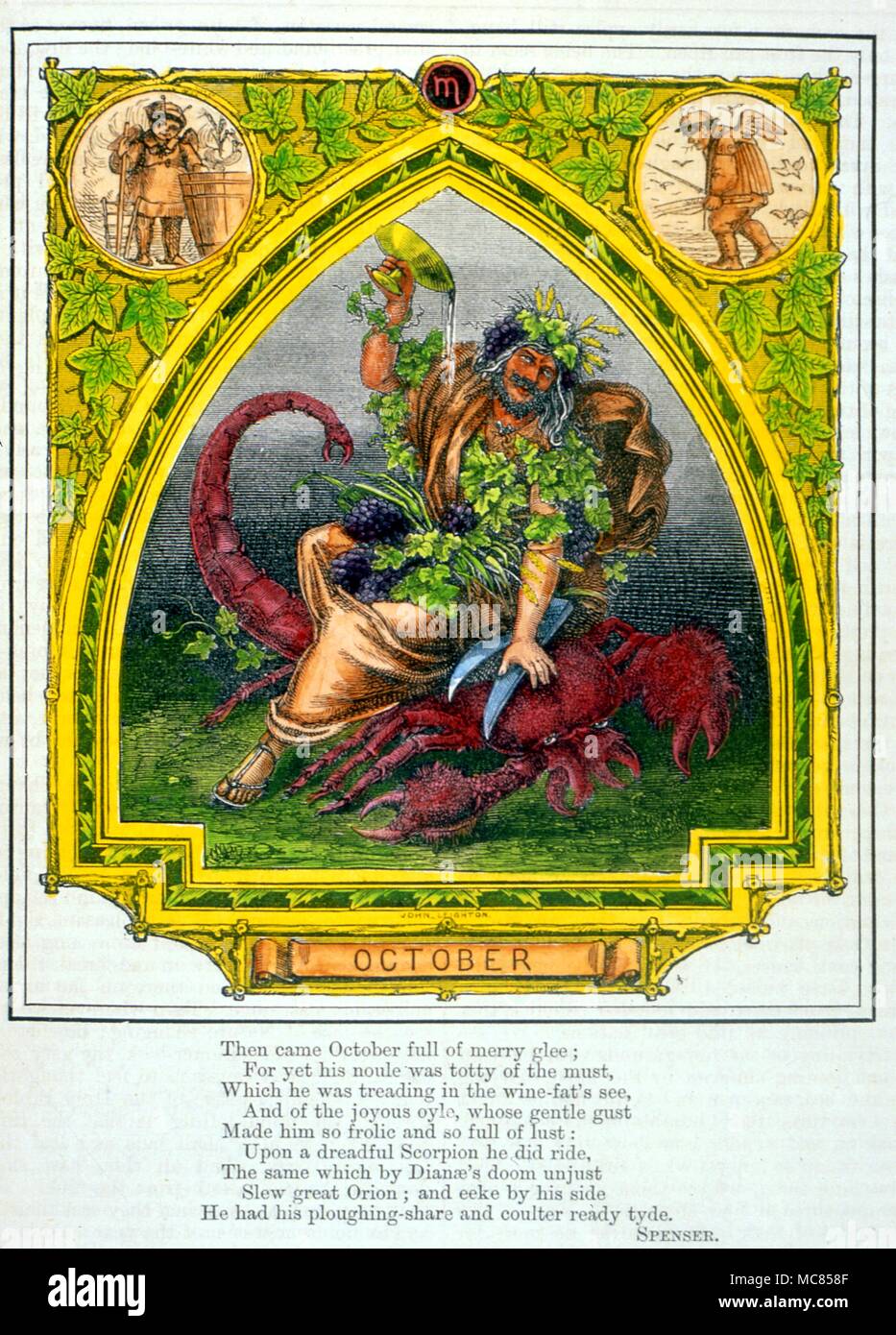 Months October, the month of Scorpio, with the associated sign cancer. From Chambers Year Book 1865 Stock Photo