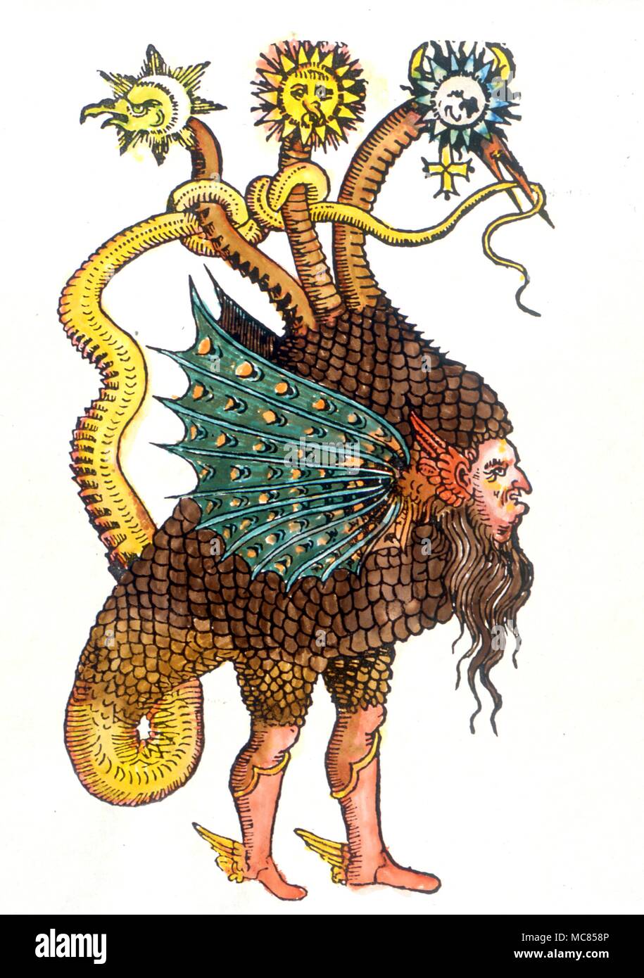 Astrology The three headed monster of Mercury with the solar, lunar and mercurial heads. Some occultists call this the image of Azoth but it is probably and image of the union of the Three Principles of Alchemy Salt Mercury and Sulphur Stock Photo