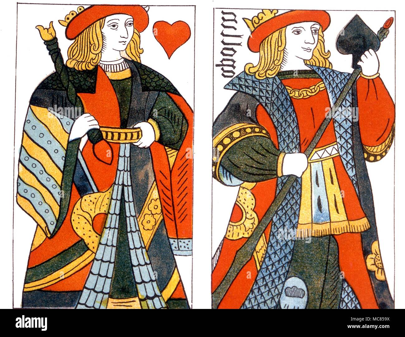 Playing cards used in cartomancy. Court cards, seemingly linked with the Arthurian legends. From Van Rensselaer, The Devil's Picture-Books, 1892 Stock Photo