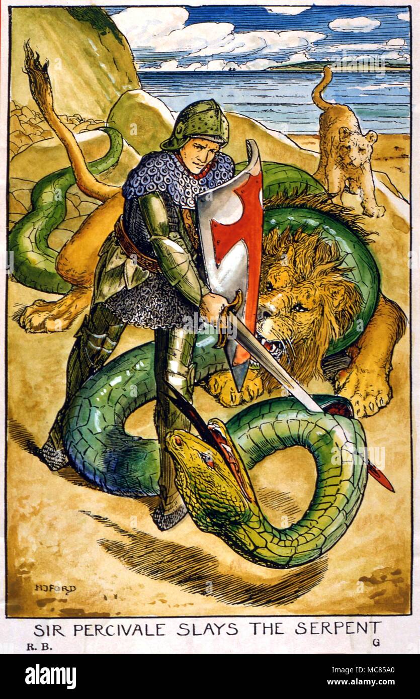 Sir Percival slaying the serpent. Illustration by Ford, late 19th century Stock Photo