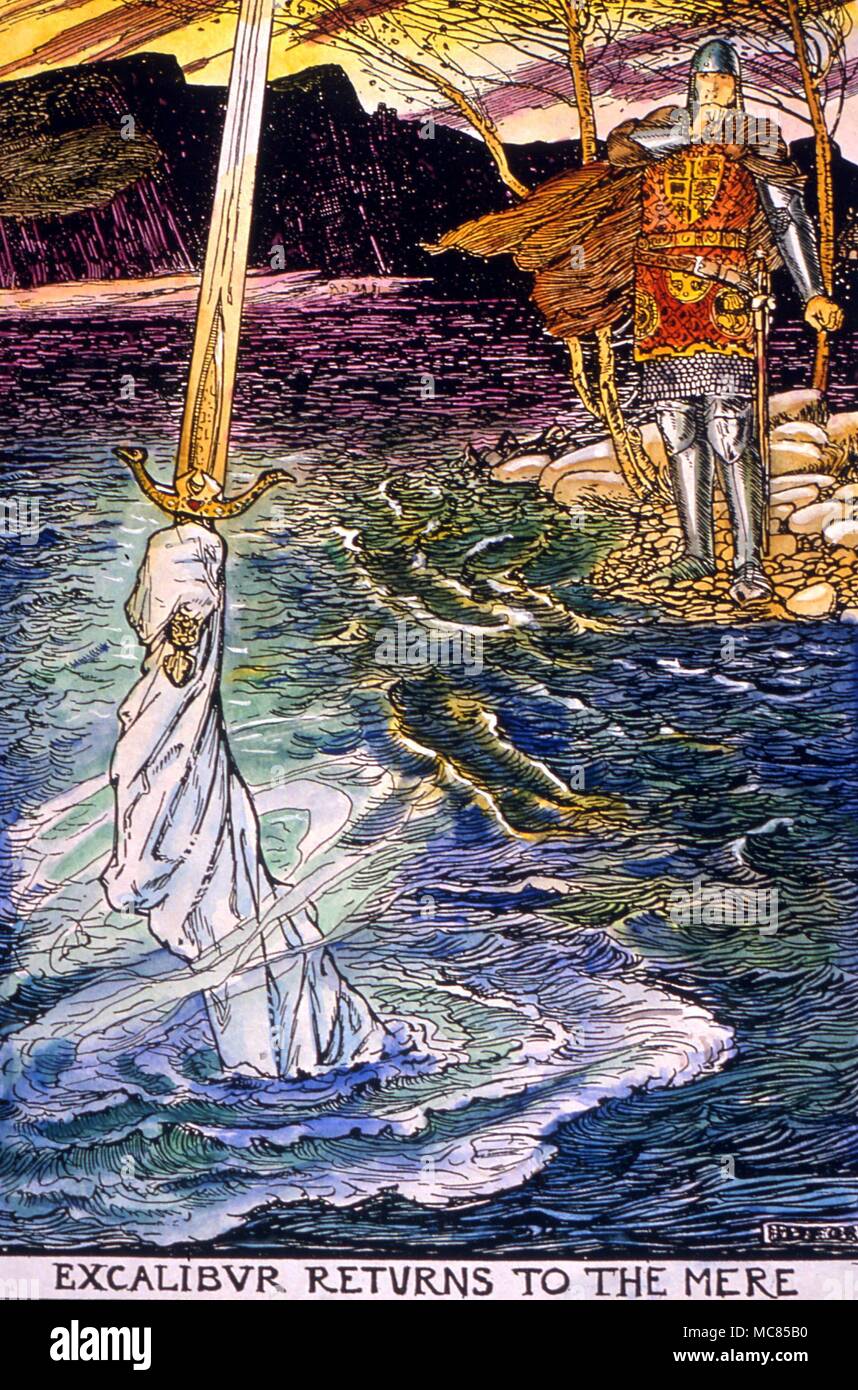 The magical sword, Excalibur, is taken by a mysterious hand, when it is thrown into the mere. Illustration by H. J. Ford, from Andrew Lang's 'The Book of Romance', 1902 edition. Stock Photo