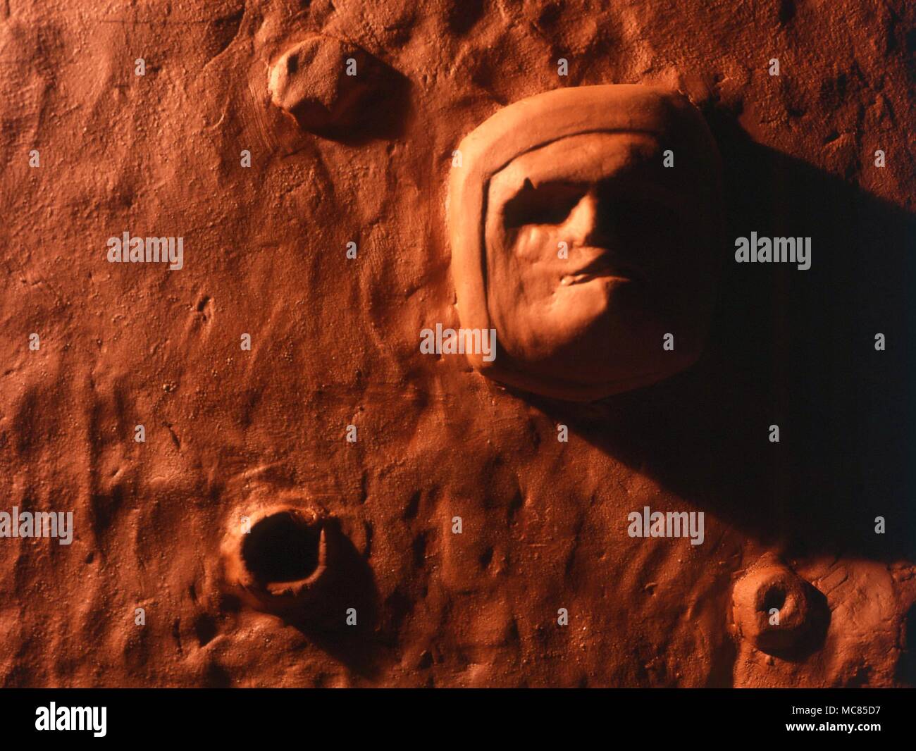 Strange phenomena. The face on Mars - detailed reconstruction, based on the NASA spacecraft photographs of the artificial structures on the northern desert regions of Mars. The original photographs were taken from 1,162 miles above mars - the face itself is about 1 mile across. Stock Photo