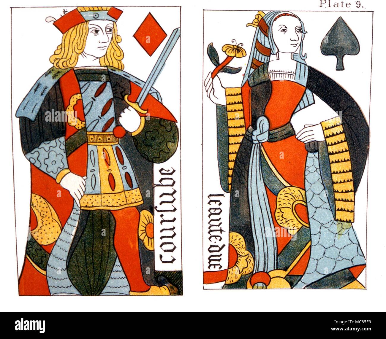 Cartomancy. French playing cards, from a pack supposedly used by Charles VII of France. Series of lithographic cards related to the Tarot tradition, from J.K. van Rensselaer 'The Devil's Picture Books', 1892. Stock Photo