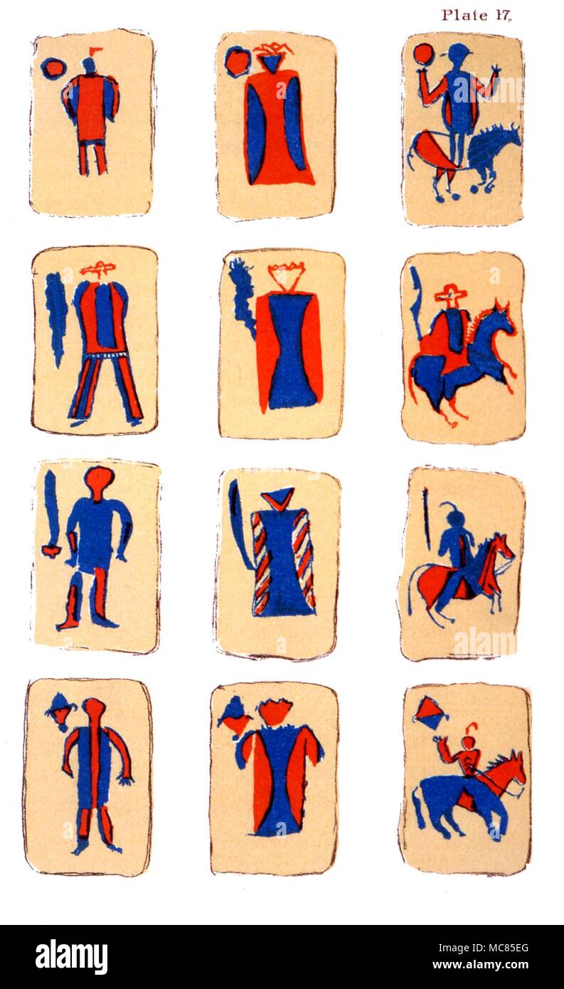 Cartomancy. Twelve North American Indian playing cards (from the Apache tribe), cut out on deerskin. Series of lithographic cards related to the Tarot tradition, from J.K. van Rensselaer, 'The Devil's Picture Books', 1892. Stock Photo