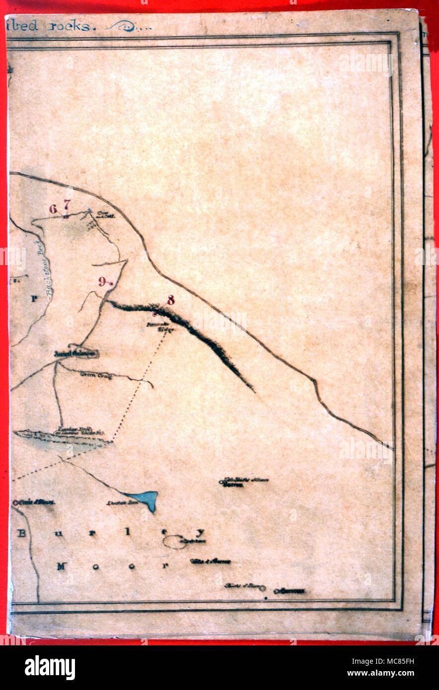 Petroglyphs -drawing of petroglyphs on the moors above Ilkley, Yorkshire. This is one of a series of three sections of a map (the other two are also in the Charles Walker Collection) of the prehistoric petroglyphs and their sites, centred on Rombald's Moor. The maps were drawn by Dr. Call (who was passionately interested in the ancient markings on the moors) in the late nineteenth century, 1800's. Collection of Manor House Museum, Ilkley. Stock Photo