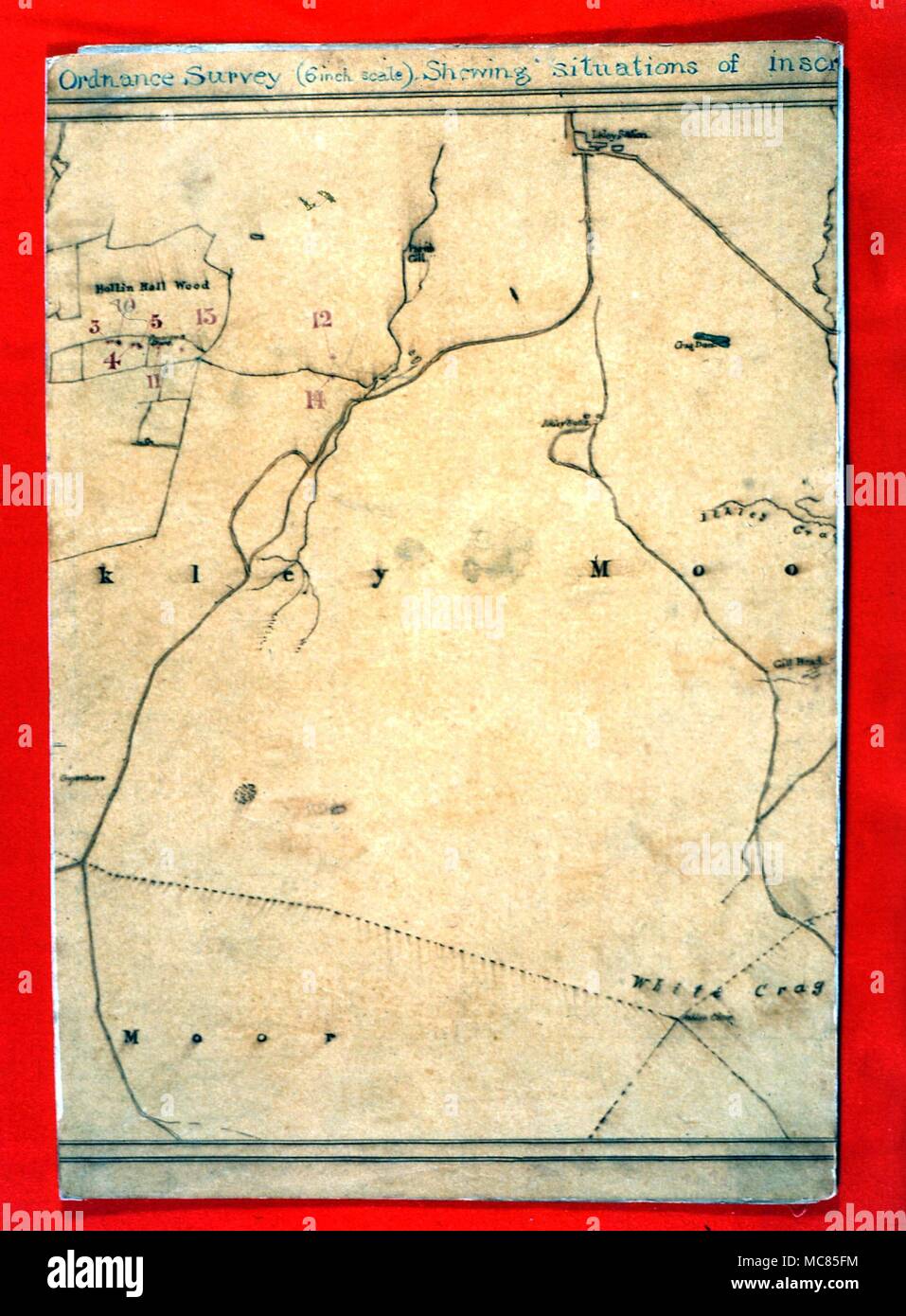 Petroglyphs - Drawing of petroglyphs on the moors above Ilkley, Yorkshire. This is one of a series of three sections of a map of the prehistoric petroglyphs and their sites, centred on Rombald's Moor. The maps were drawn by Dr. Call (who was passionately interested in the ancient markings on the moors) in the late nineteenth century, 1800's. Collection of the Manor House, Ilkley. Stock Photo